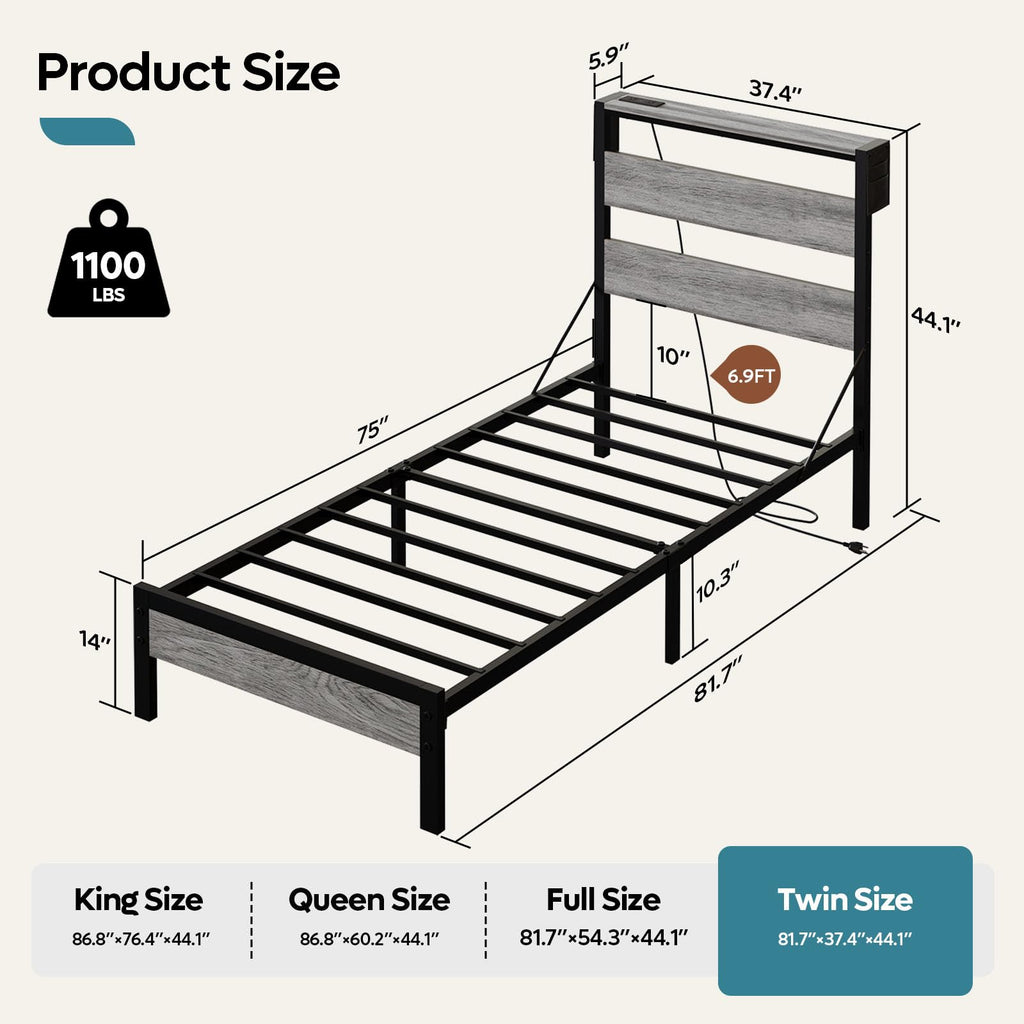 Grey Twin Platform Bed Frame with Storage Headboard M350