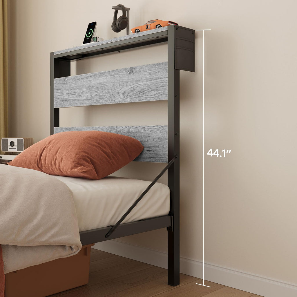 Grey Twin Platform Bed Frame with Storage Headboard M350