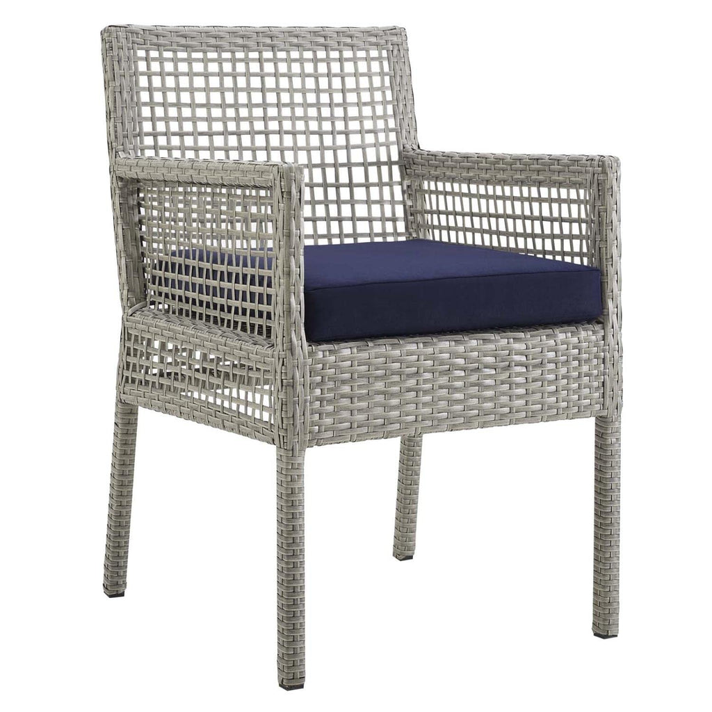 Gray Navy Wicker Rattan Outdoor Dining Arm Chair with Cushion D1537