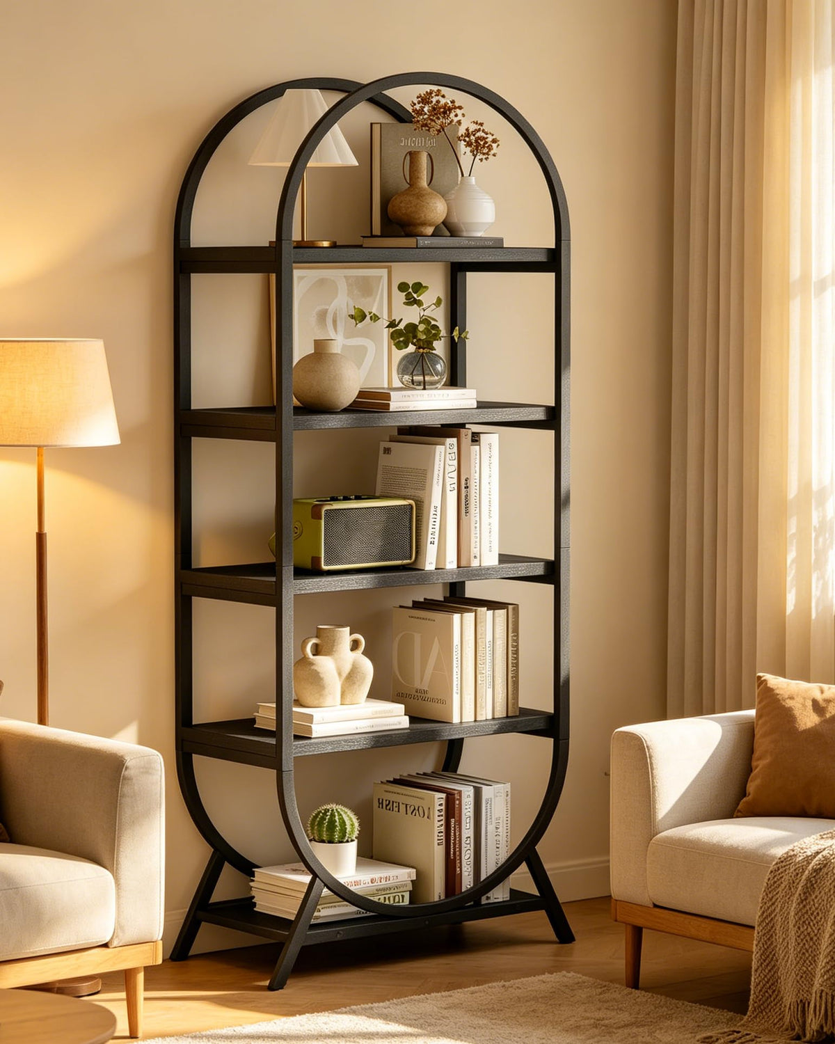 Black 5 Tier Arched Bookshelf Z14598