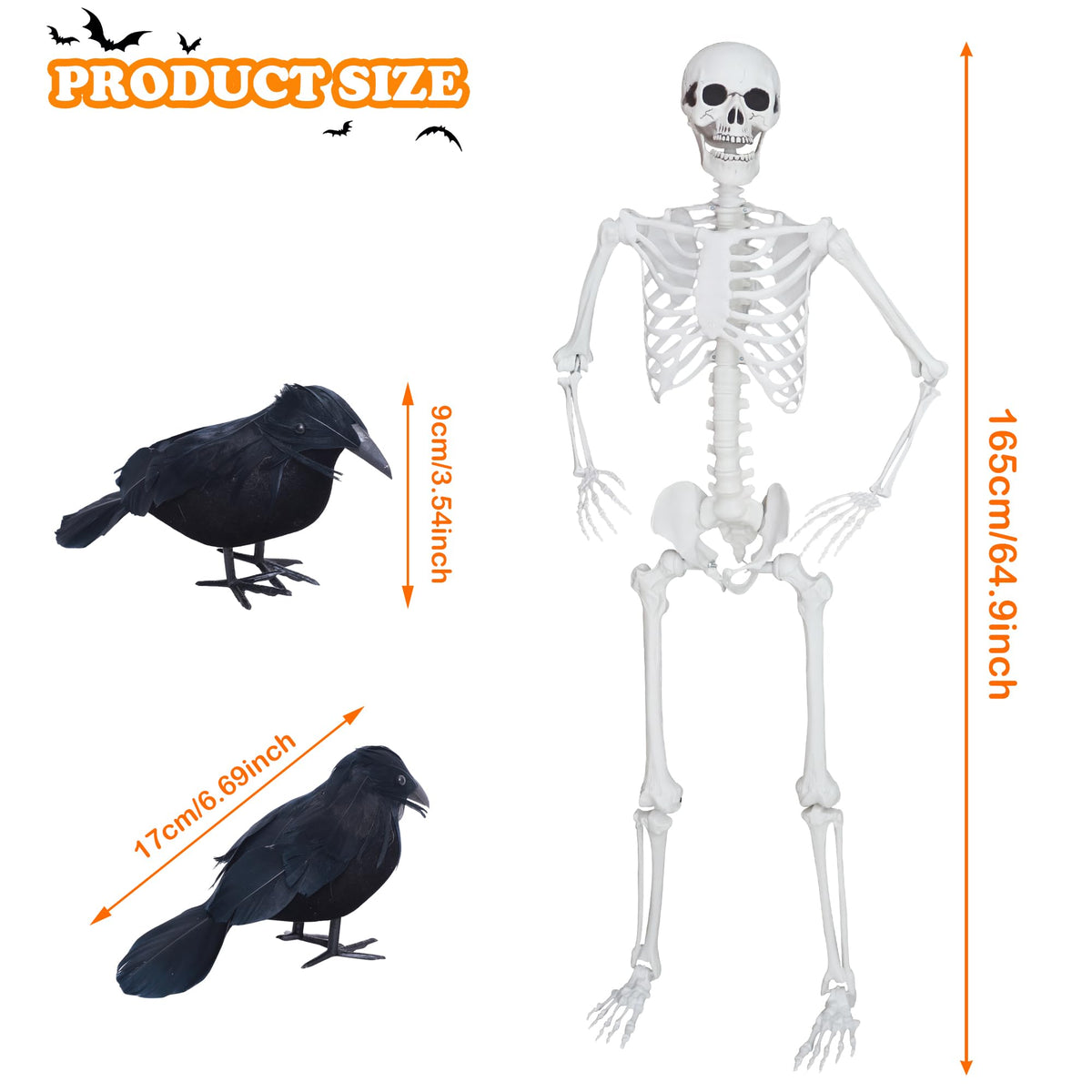 5.4ft/165cm Halloween Skeleton with Crows Movable Joints N84293