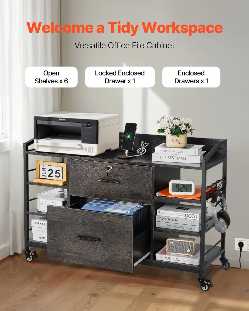 2 Drawer Metal File Cabinet with Lock and 6 Open Shelves, Gray D5493