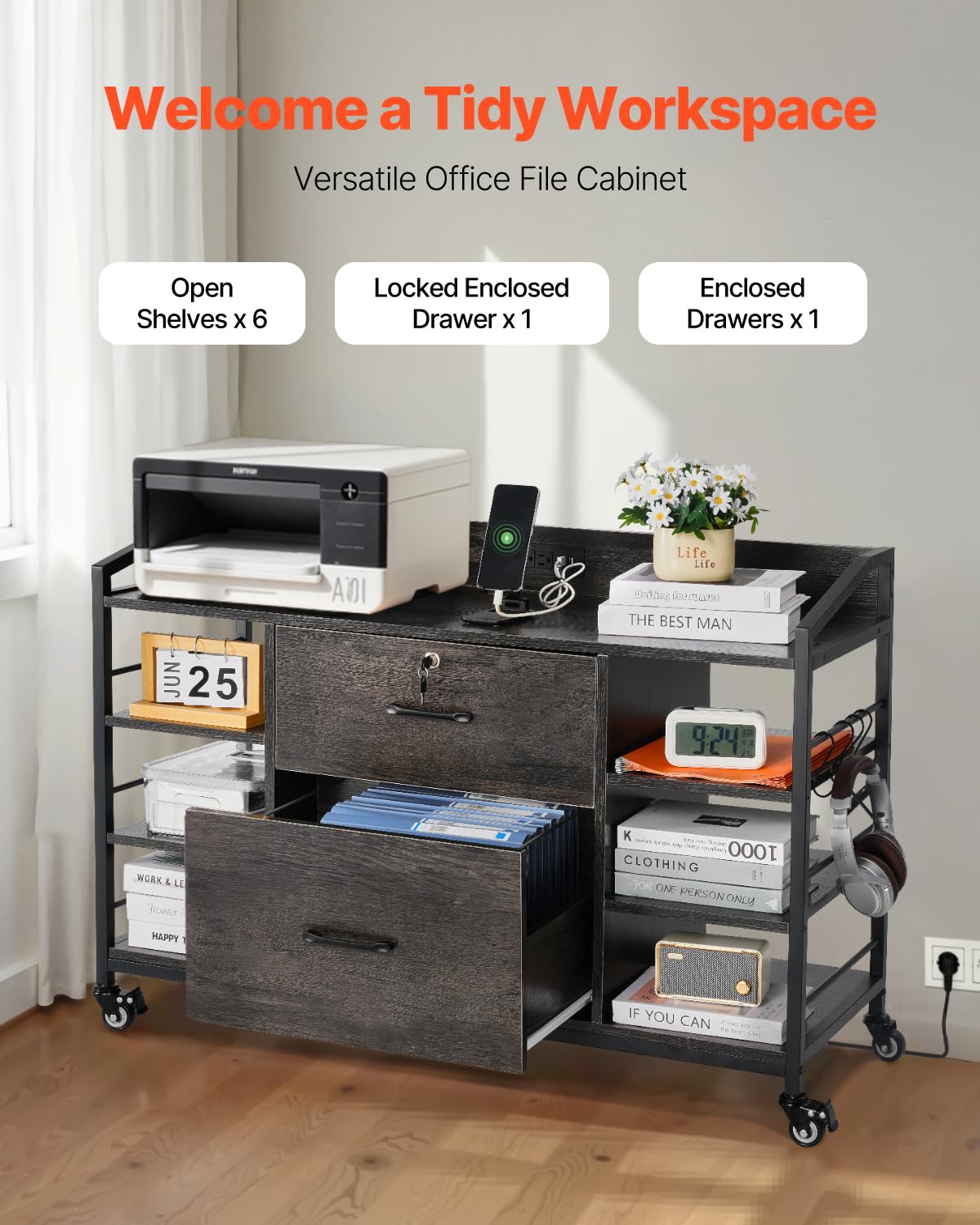 2 Drawer Metal File Cabinet with Lock and 6 Open Shelves, Gray D5493