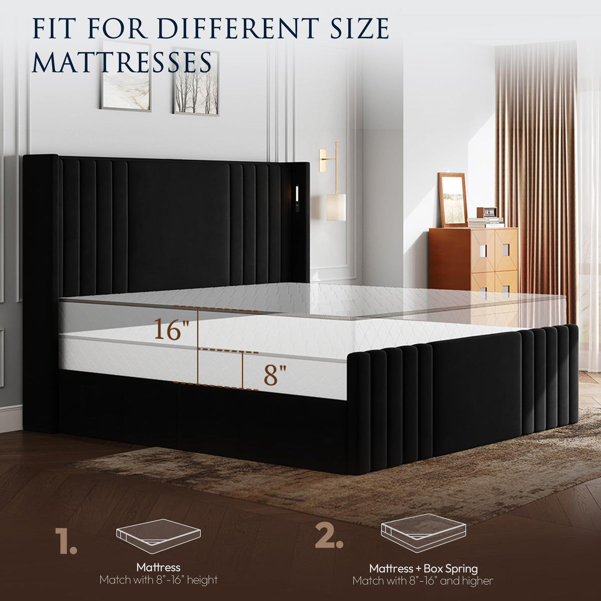 Queen Size Platform Bed Frame with Reading Lights Y387867