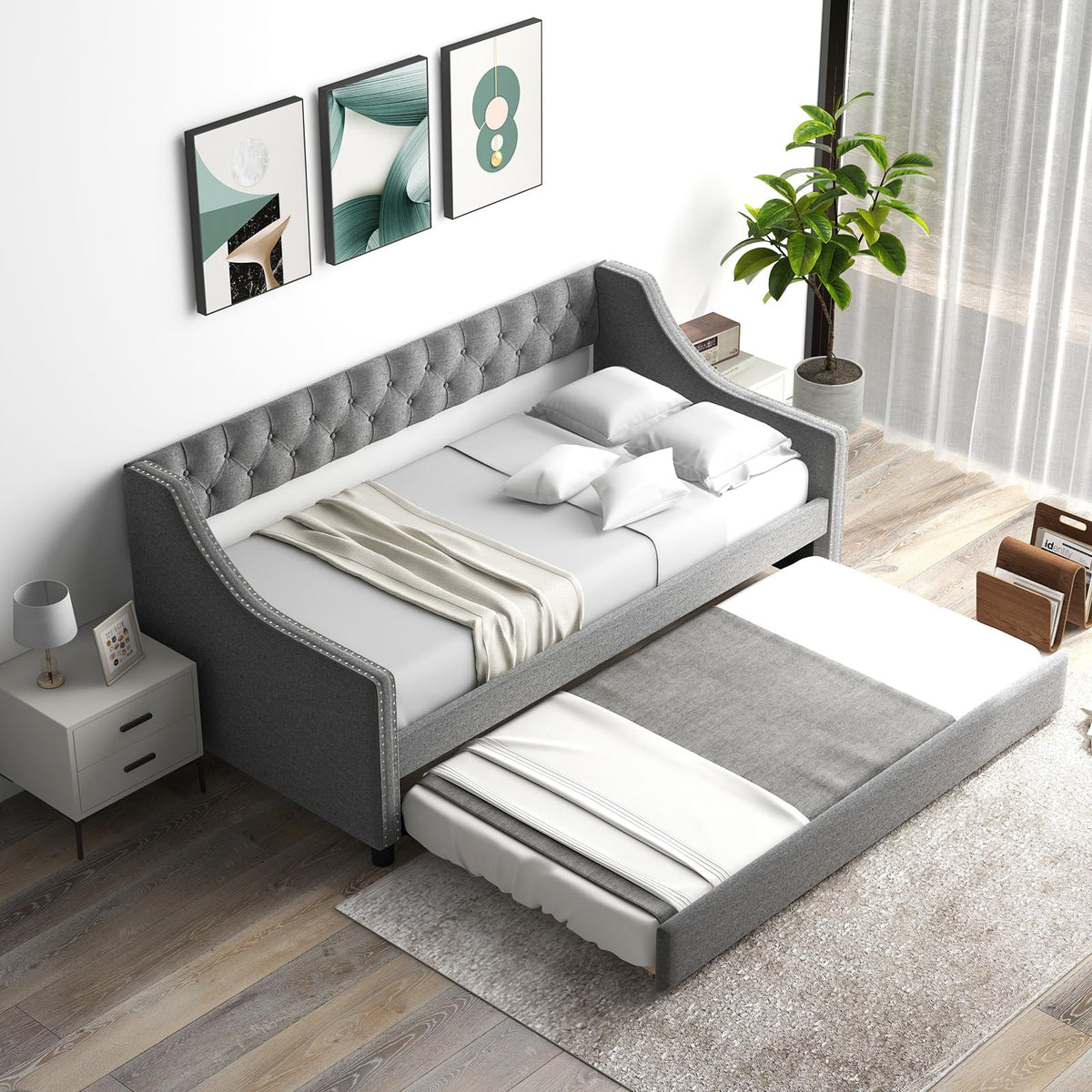 Grey Upholstered Twin Daybed with Trundle L904