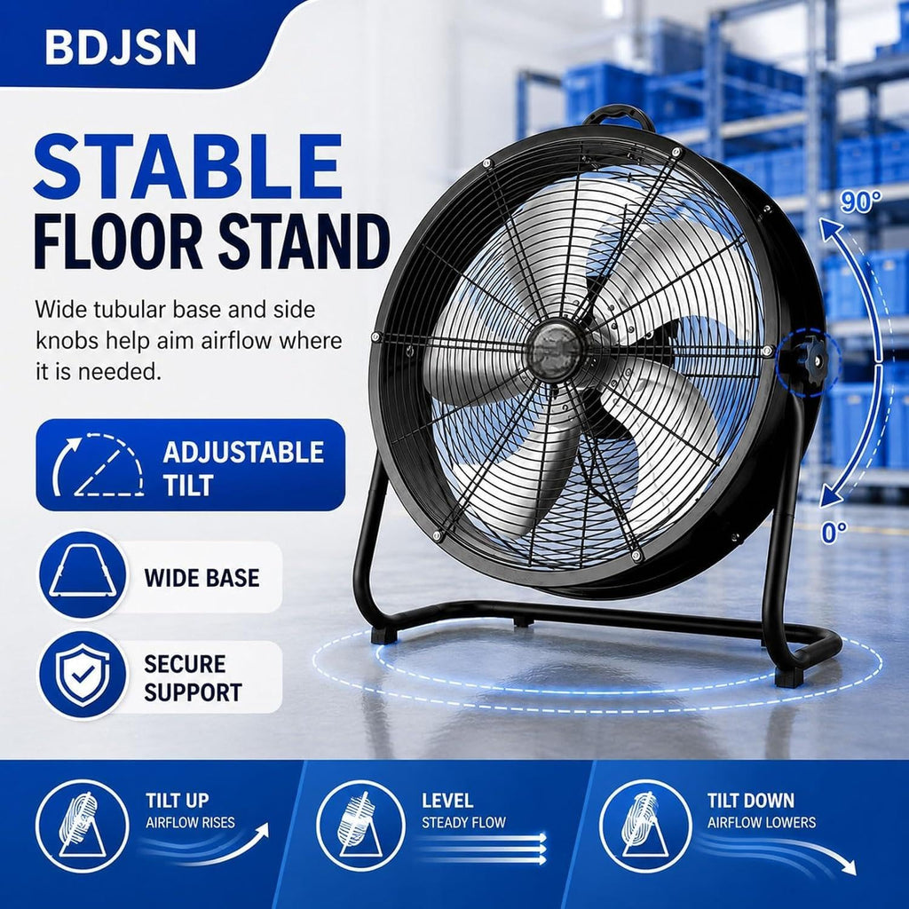 Industrial Drum Fan, High Velocity Air Circulator with 5 Aluminium Blades, 3-Speed Adjustable Tilt Metal Floor Fan A4778