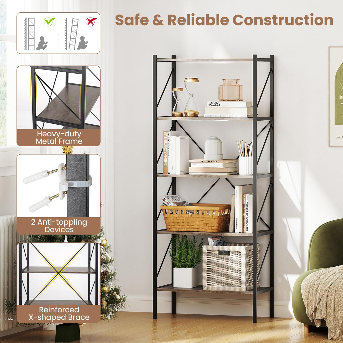 5-Tier Industrial Bookshelf with Open Storage Shelves K14667