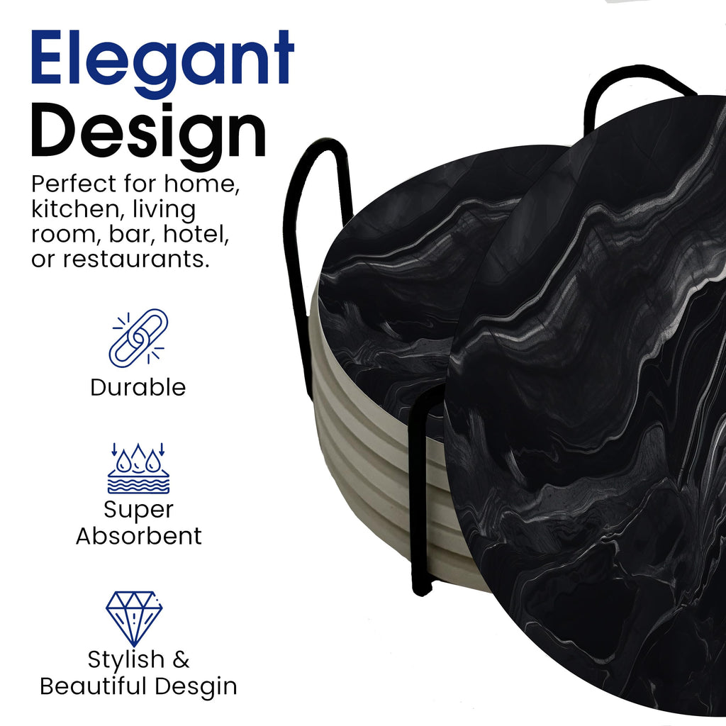 Black Marble Ceramic Coasters Set of 6 with Metal Stand Q579210