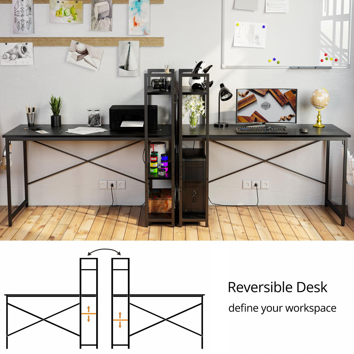 Black Computer Desk with Power Outlet and Storage Shelves Z603