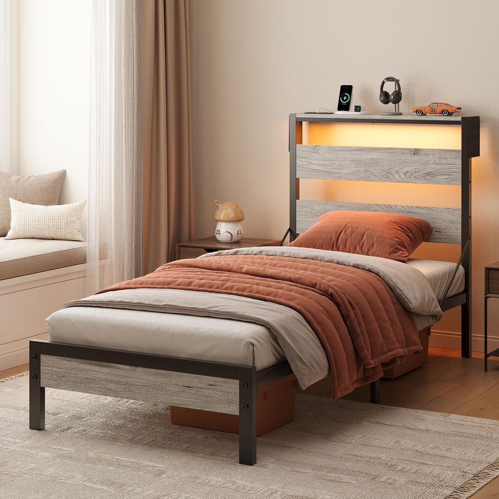 Grey Twin Platform Bed Frame with Storage Headboard M350