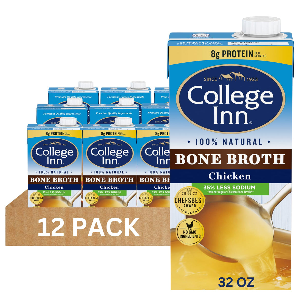 100% Natural Reduced Sodium Chicken Bone Broth 32 Oz (Pack of 12) S112