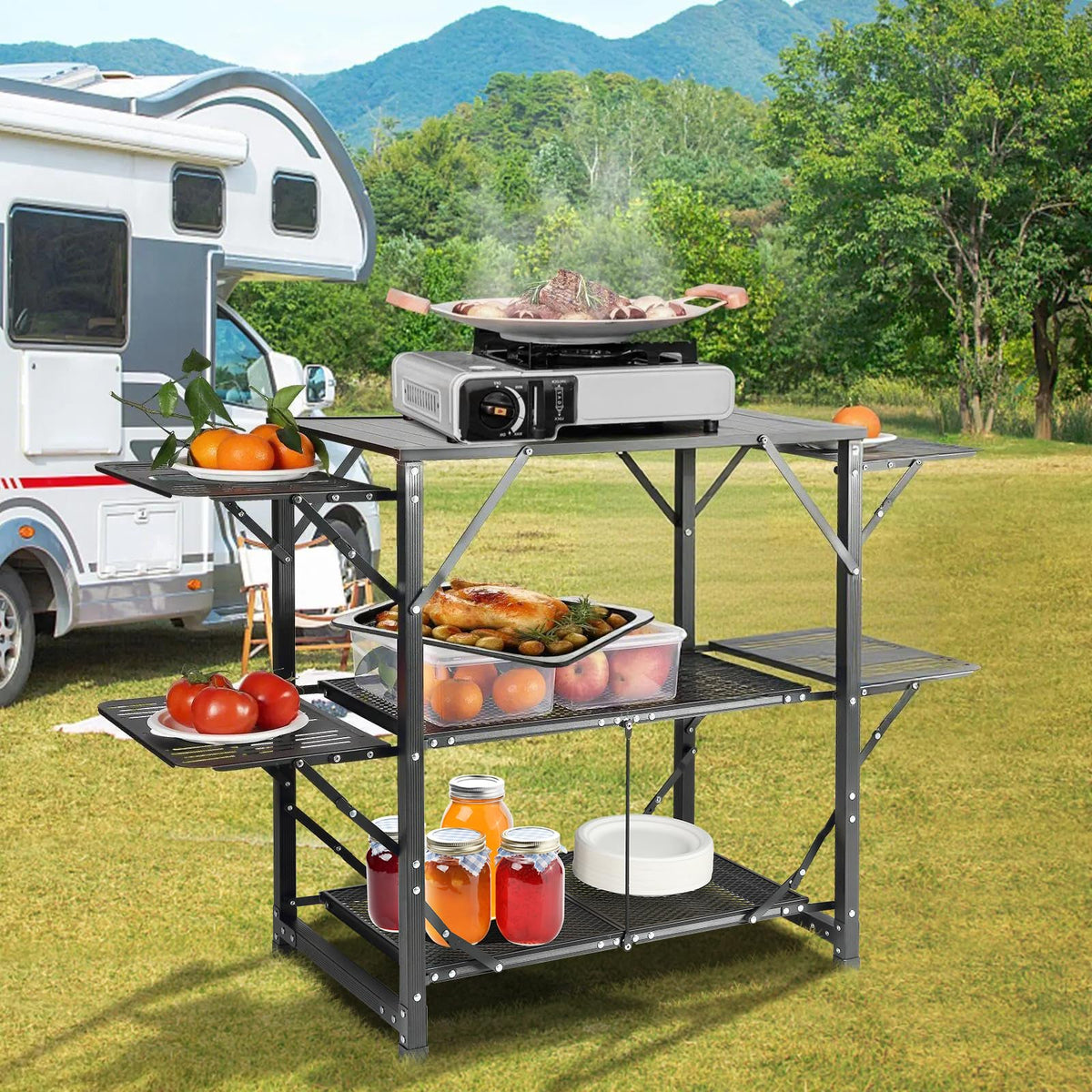 Aluminum Folding Camping Kitchen Table with 2 Shelves K182