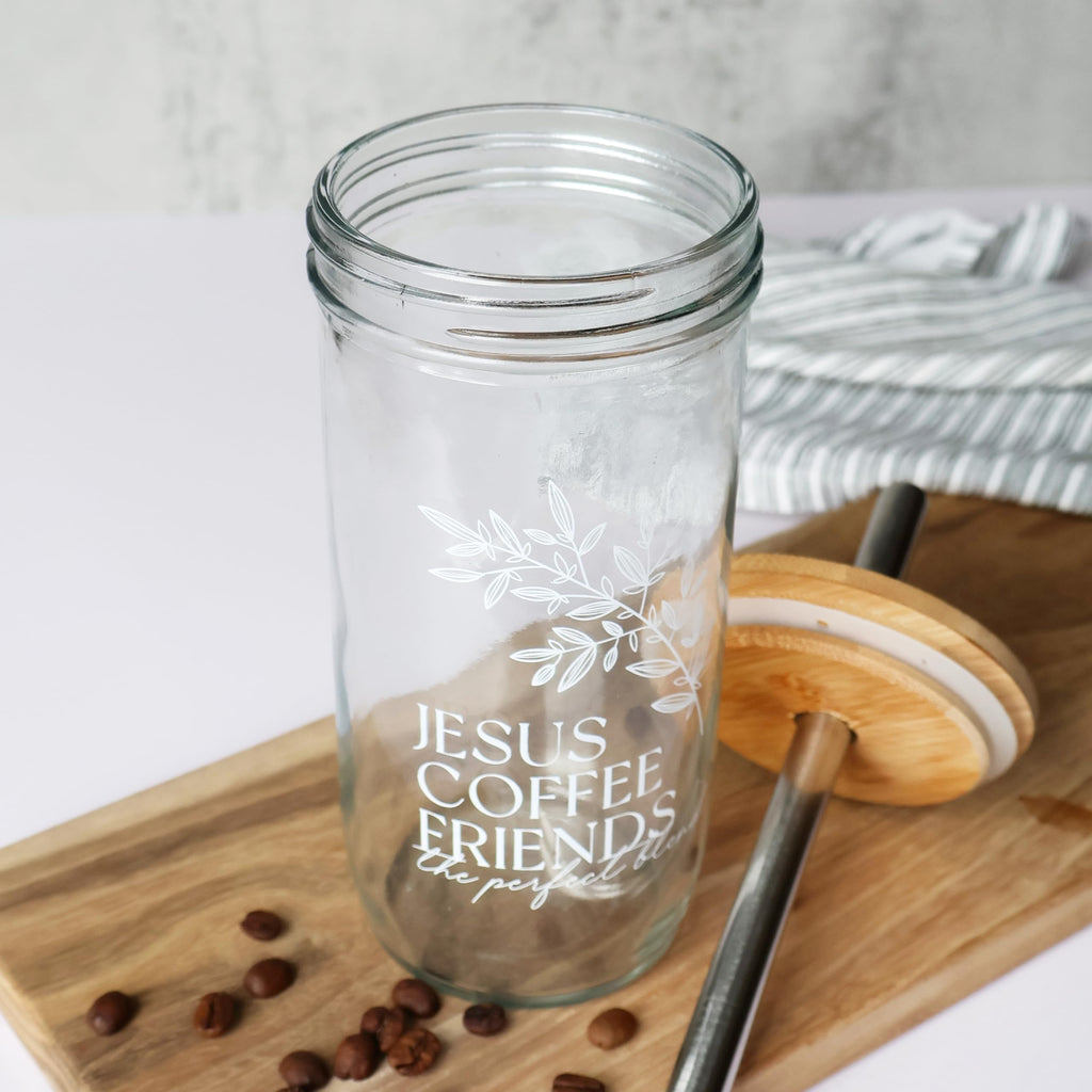 Glass Cup with Acacia Lid and Stainless Steel Straw 22 Ounce Q499