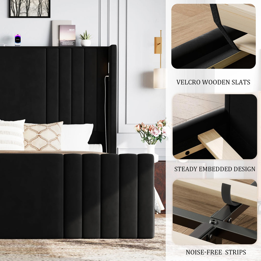 Queen Size Platform Bed Frame with Reading Lights Y387867