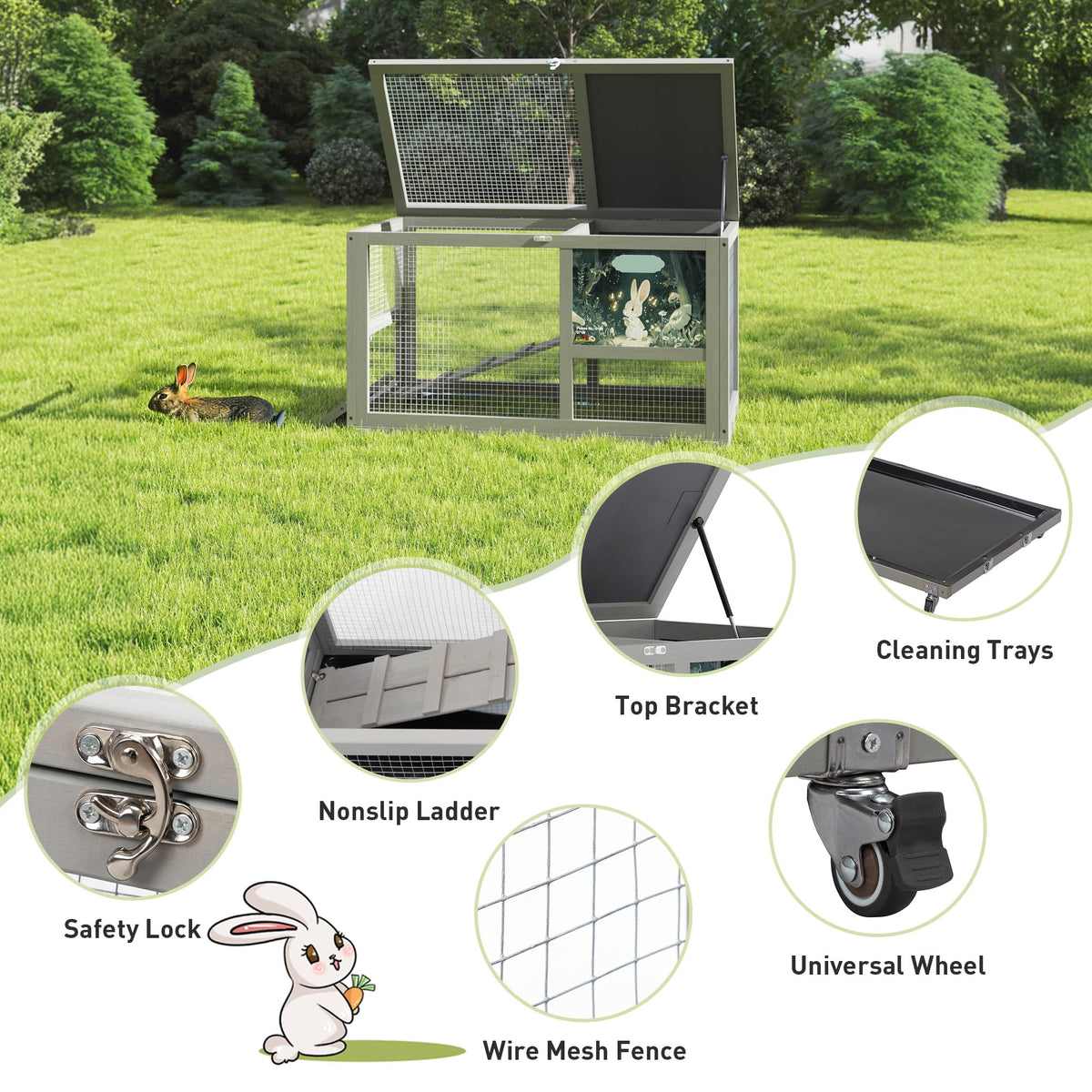 36.5" Two-Level Wooden Rabbit Hutch with Casters & Ramp S238