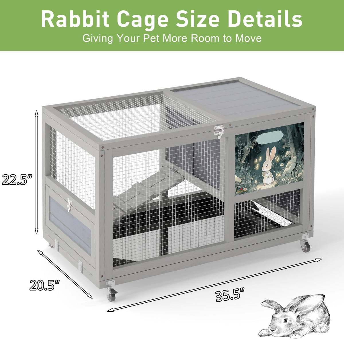 36.5" Two-Level Wooden Rabbit Hutch with Casters & Ramp S238