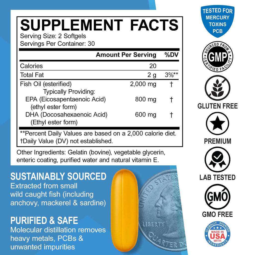 Omega 3 Fish Oil 2000mg EPA DHA 60 Softgels Y54848