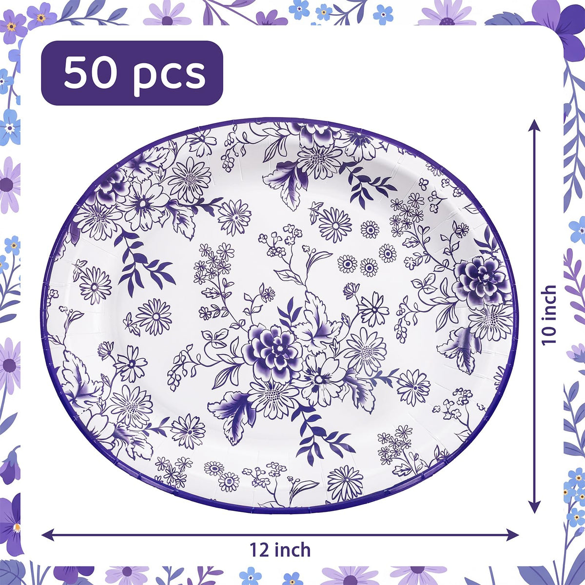 50 Pack Blue Floral Disposable Paper Plates A44844