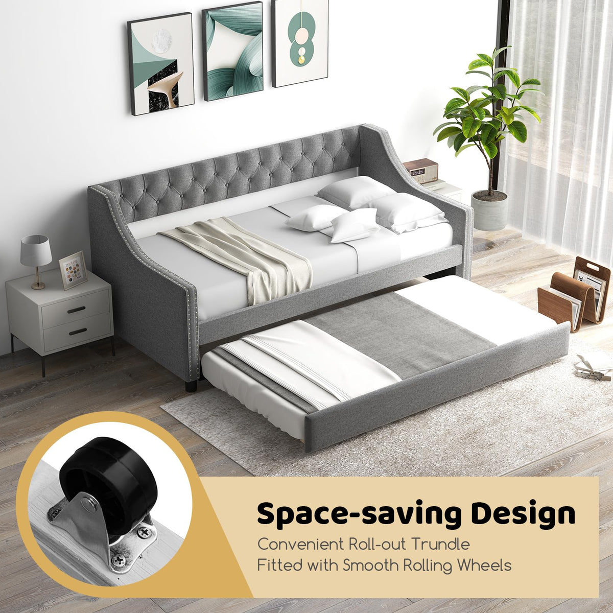 Grey Upholstered Twin Daybed with Trundle L904