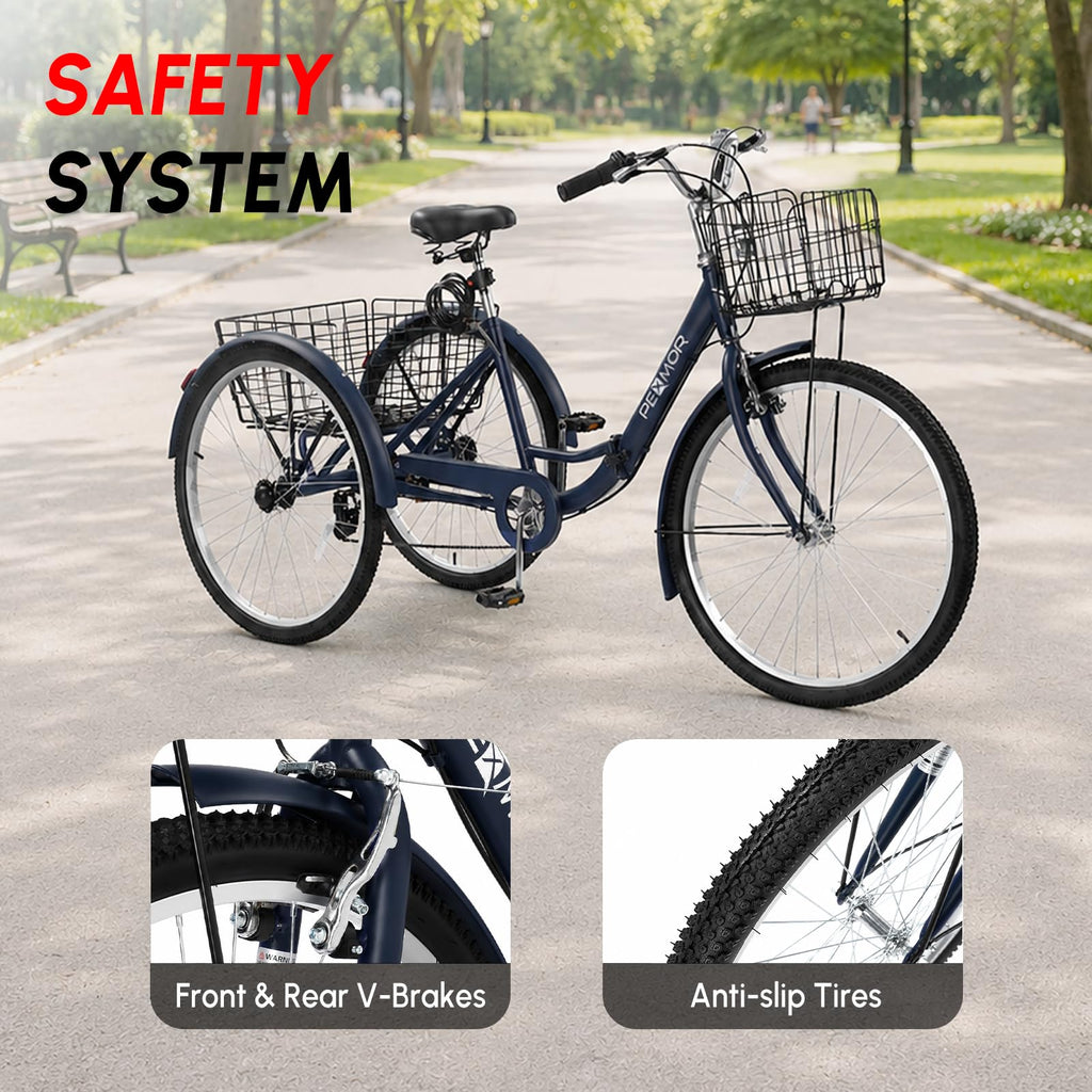 24/26 Inch 7 Speed Adult Tricycle with Folding Basket Y408