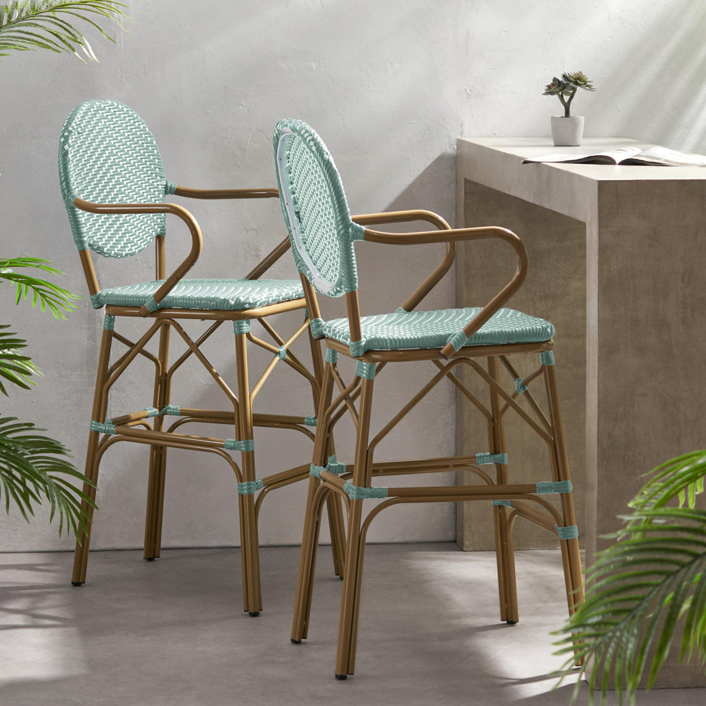 Teal Bamboo Print Wicker Aluminum Bar Stools Set of 2 E66333