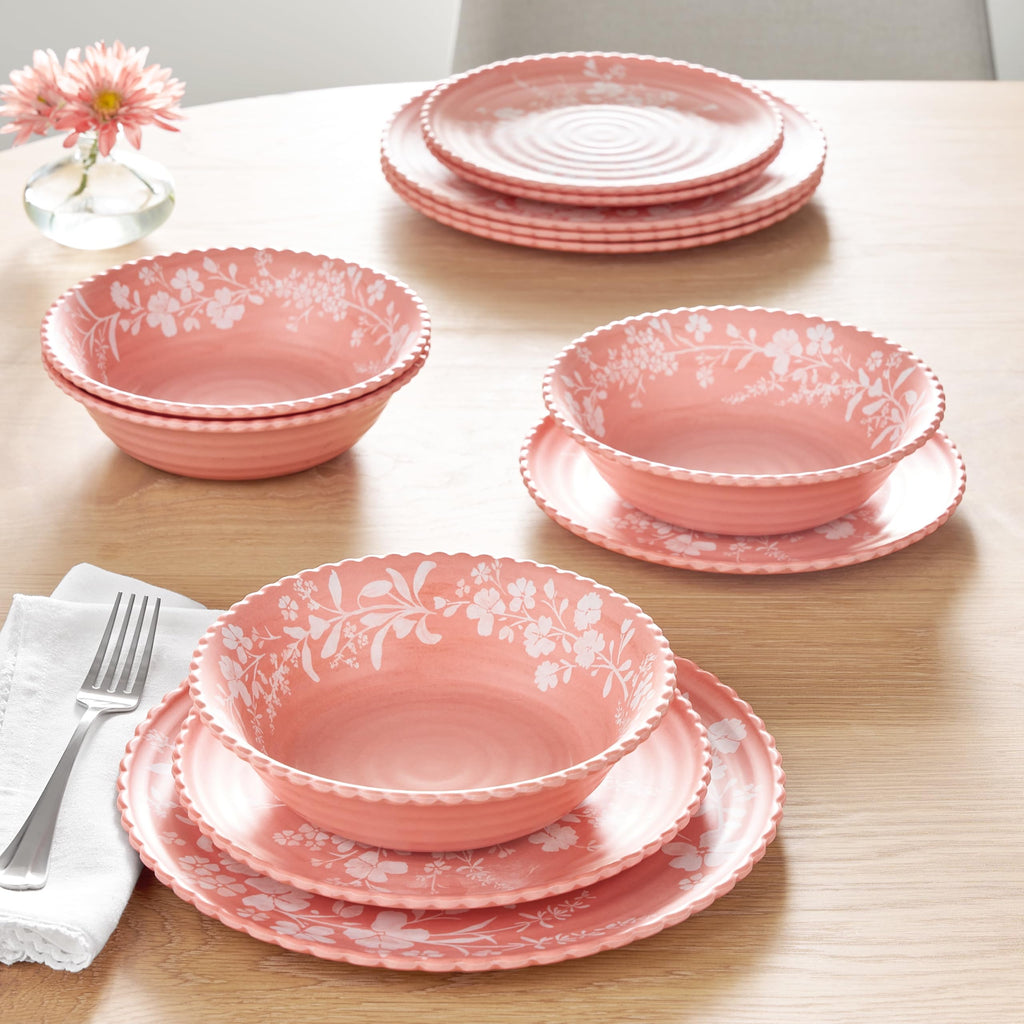 12-Piece Pink Bamboo Melamine Dinnerware Set U175961