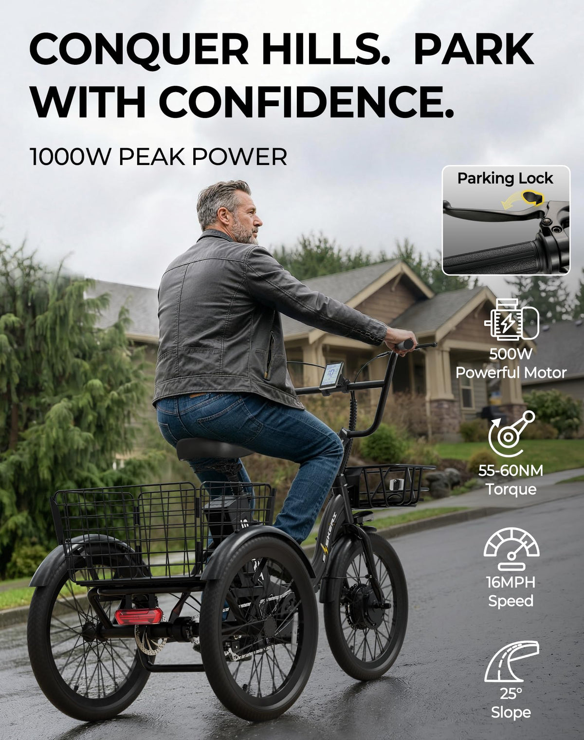 Peak 1000W 20" Folding Electric Trike with Removable Battery and Basket E474760