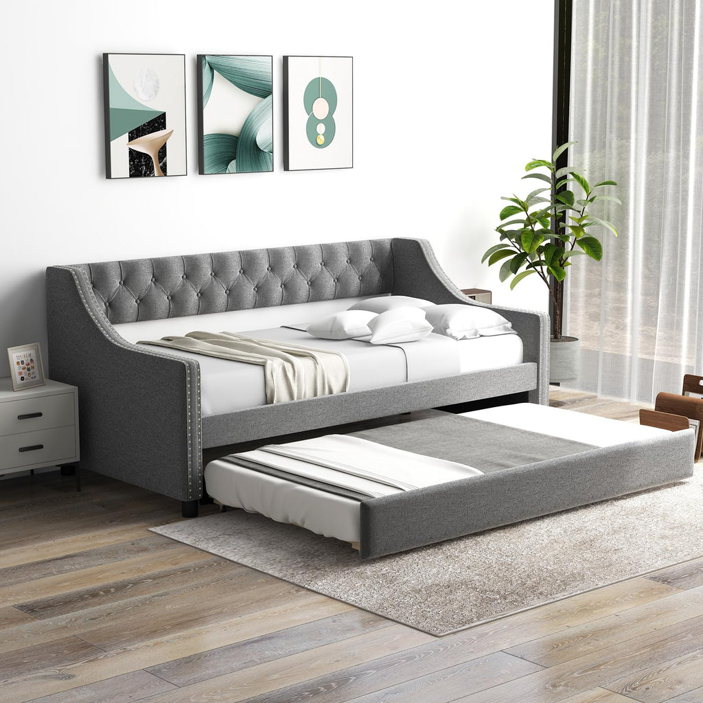 Grey Upholstered Twin Daybed with Trundle L904