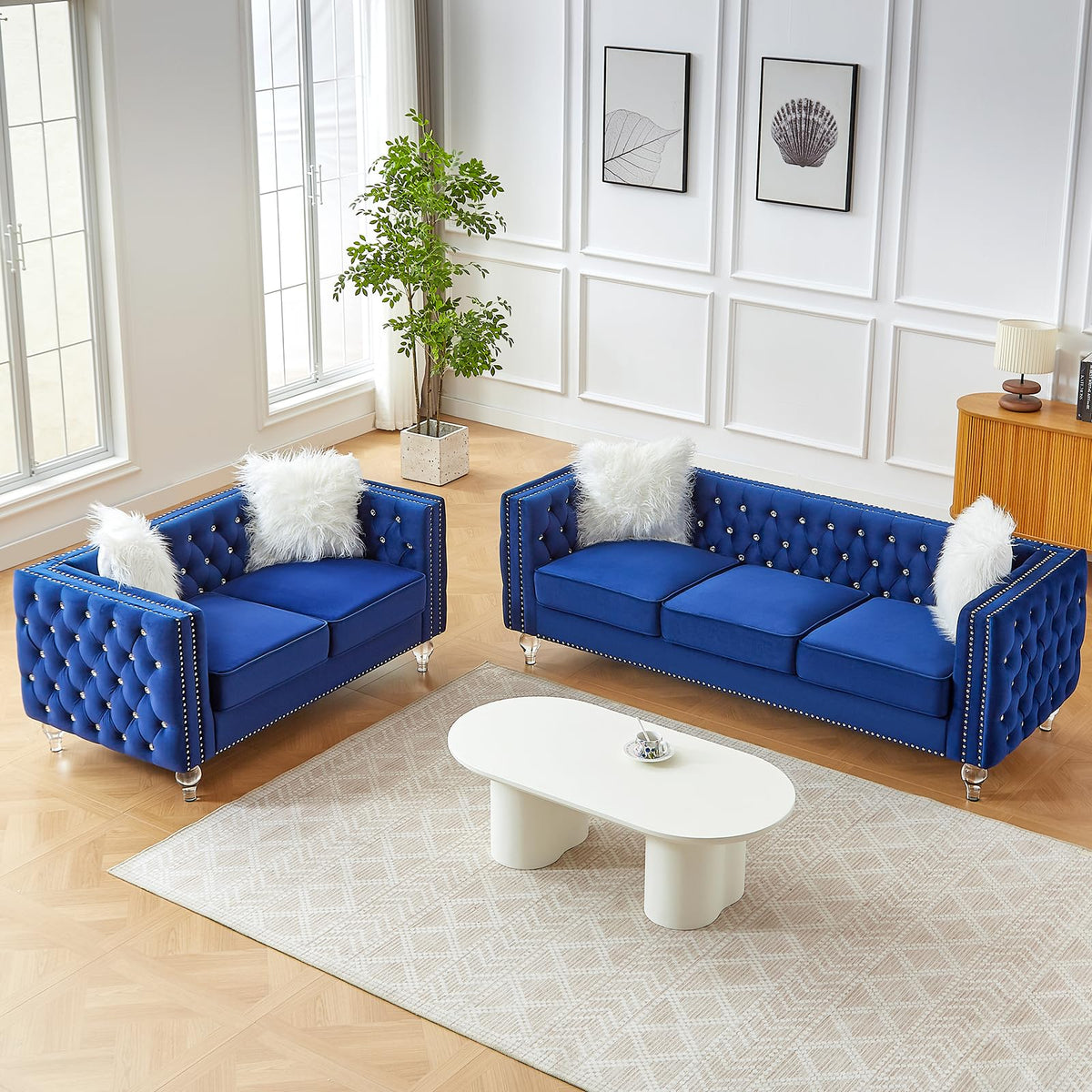 Blue Velvet Chesterfield Sofa with 2 Throw Pillows Q238