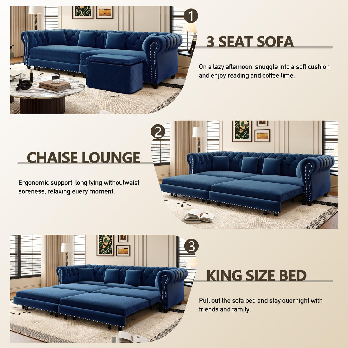 Blue Velvet Pull Out Sleeper Sofa Bed B6941