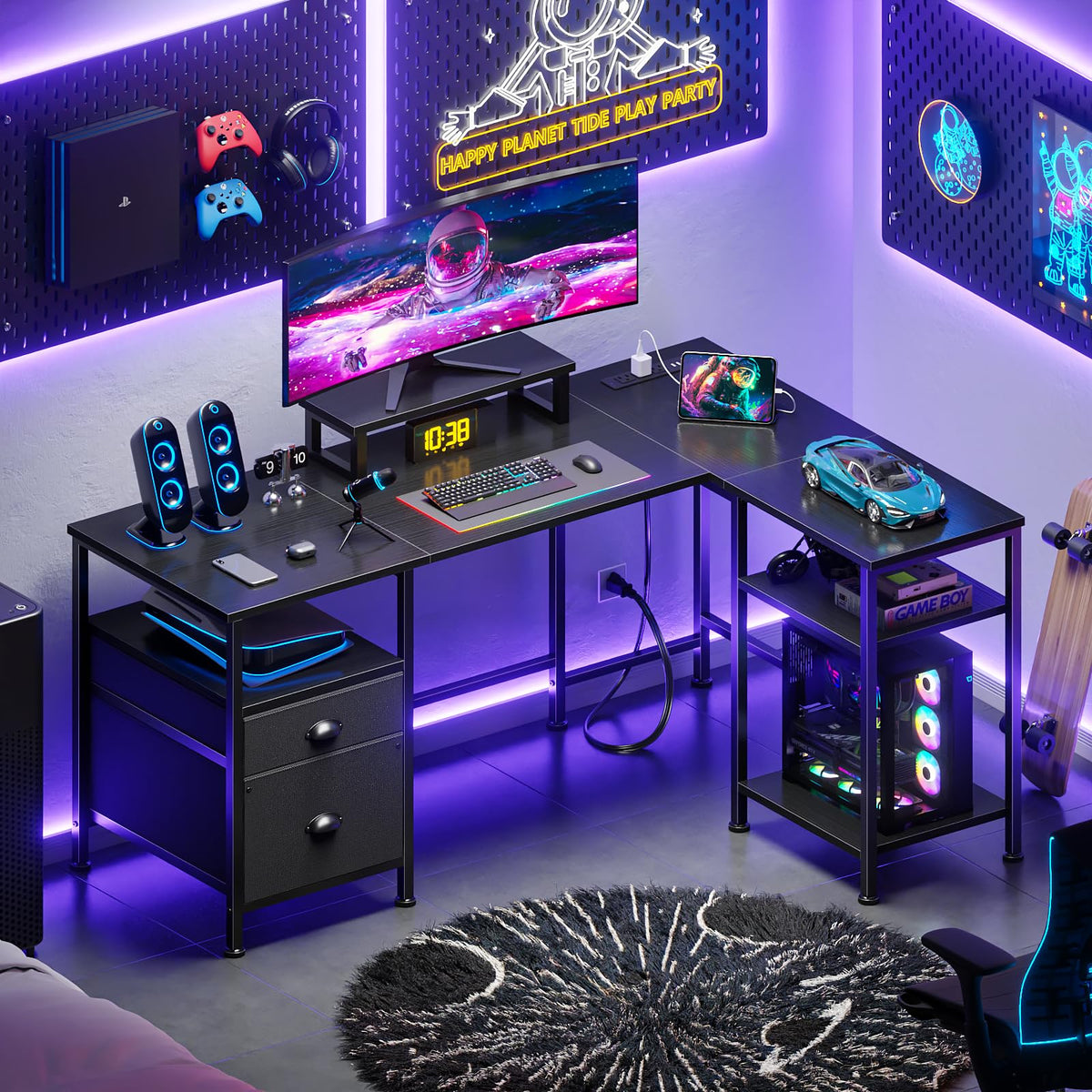 50 Inch L Shaped Gaming Desk with Power Outlet and Drawers H5251