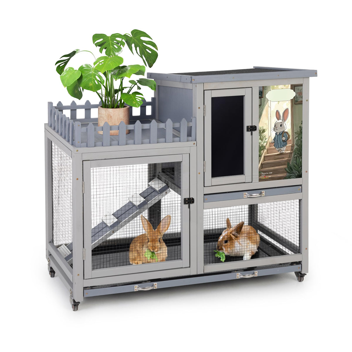Wood Rabbit Hutch with Balcony on Wheels Q631054