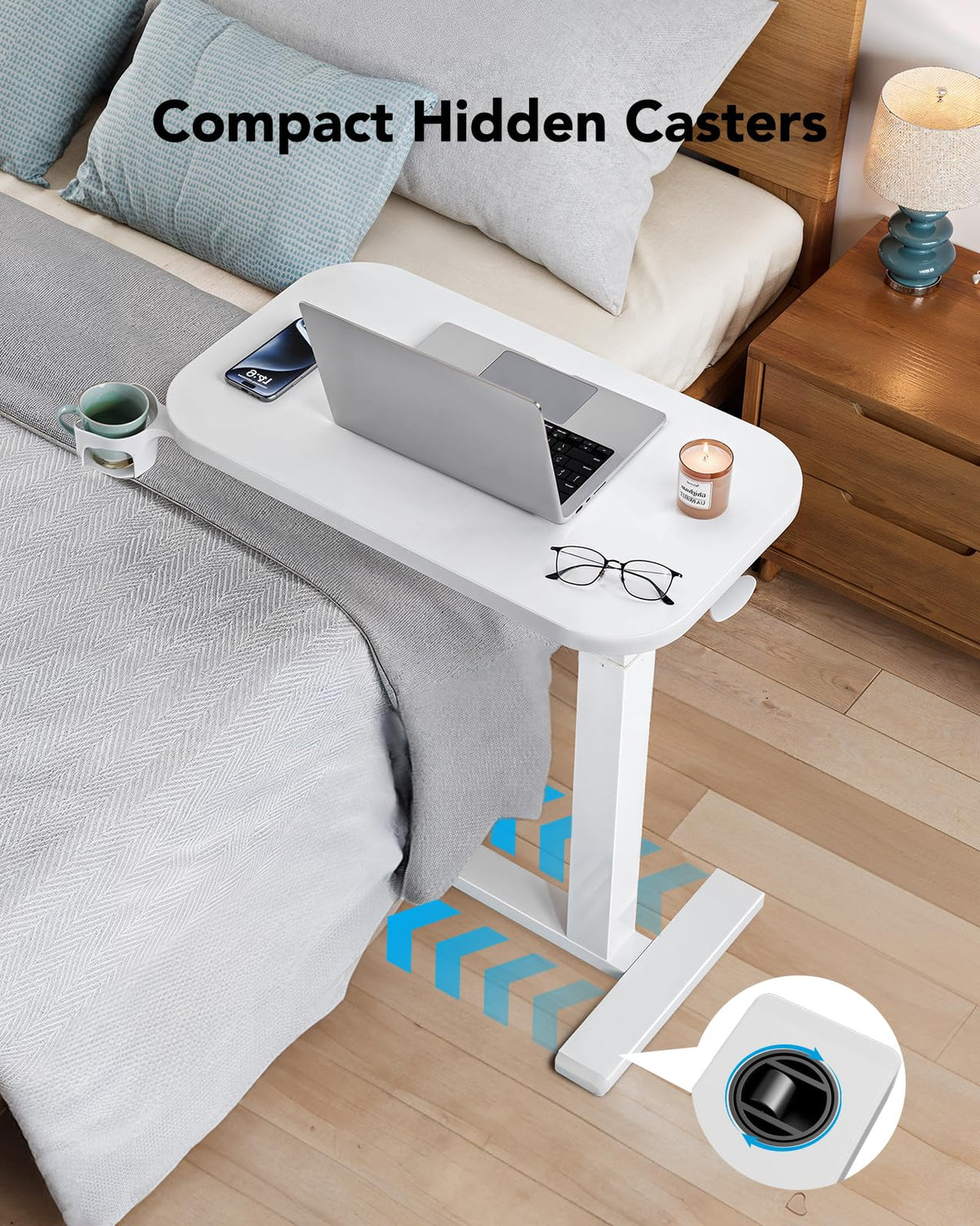 White Height-Adjustable Bedside Table with Wheels G837