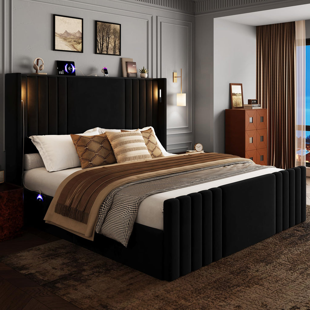 Queen Size Platform Bed Frame with Reading Lights Y387867