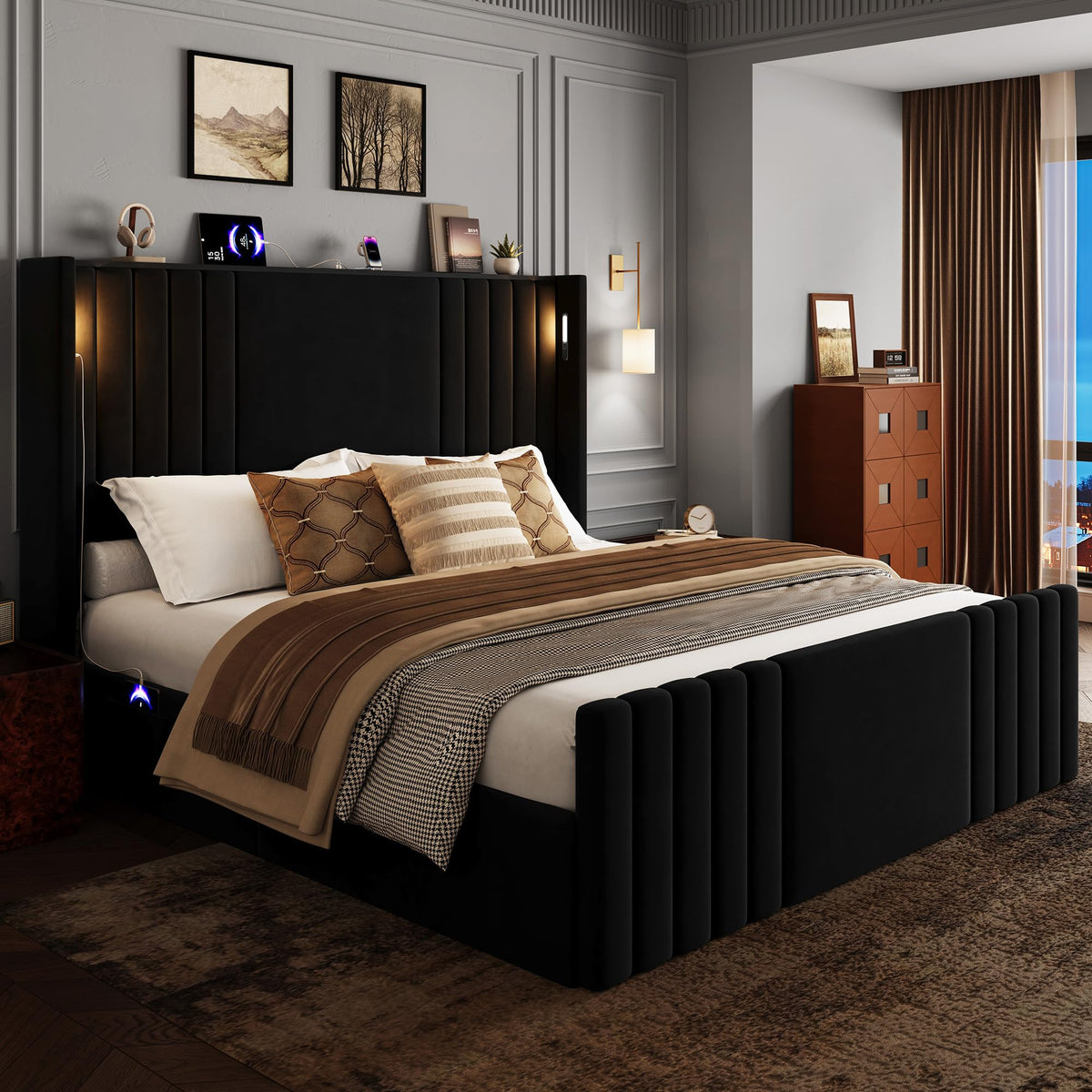 Queen Size Platform Bed Frame with Reading Lights Y387867