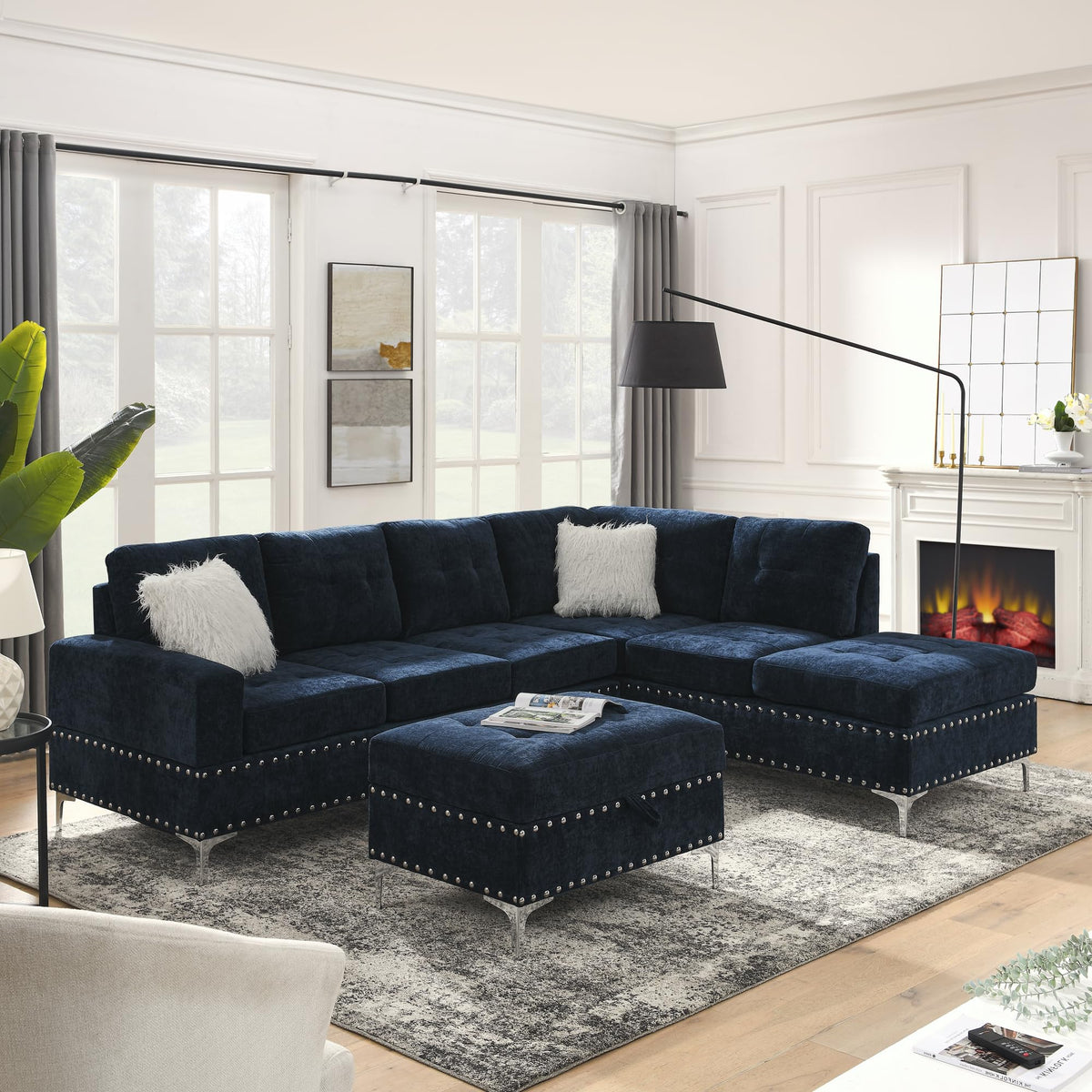 108'' Chenille Navy Blue L-Shaped Sectional Sofa with Storage Ottoman M831