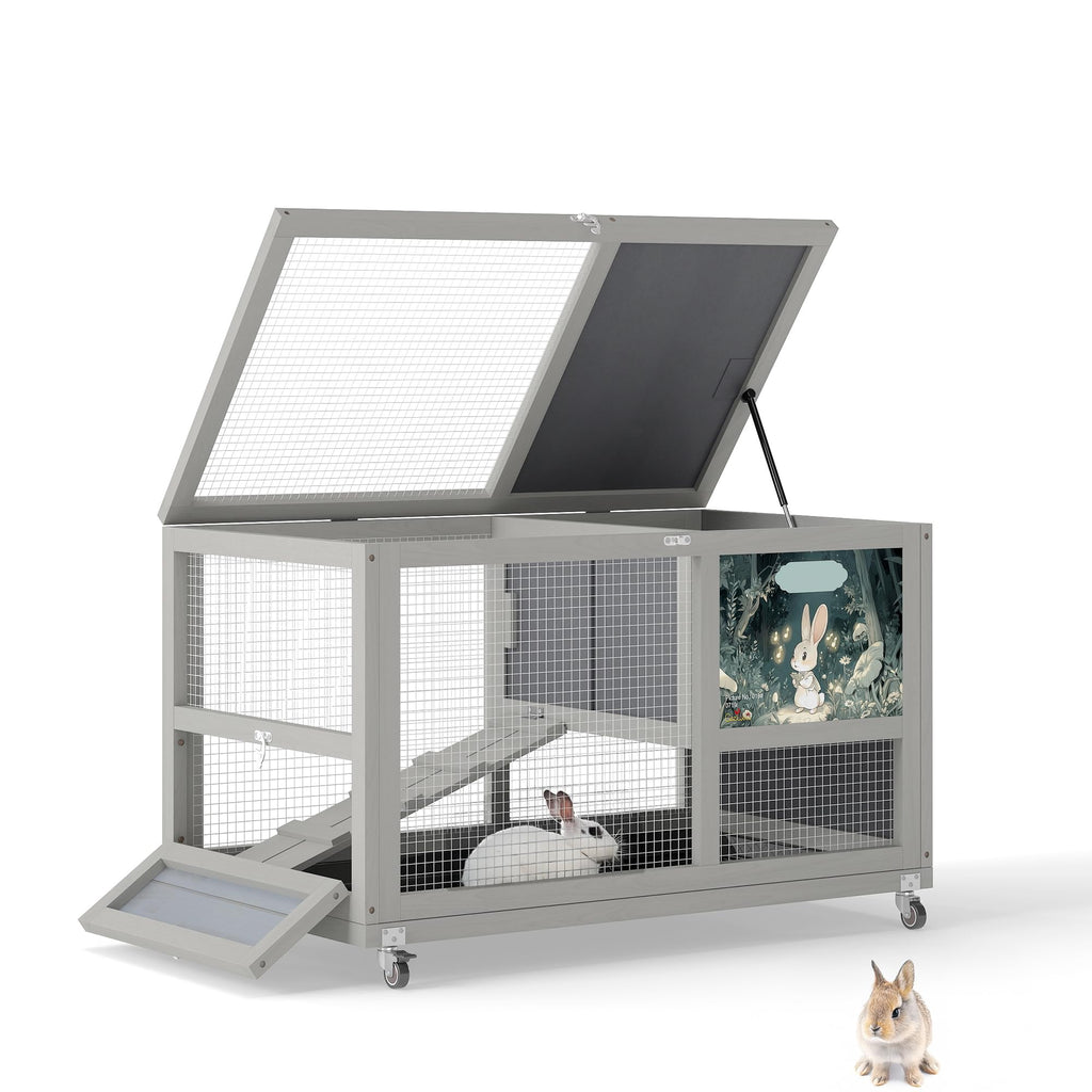 36.5" Two-Level Wooden Rabbit Hutch with Casters & Ramp S238