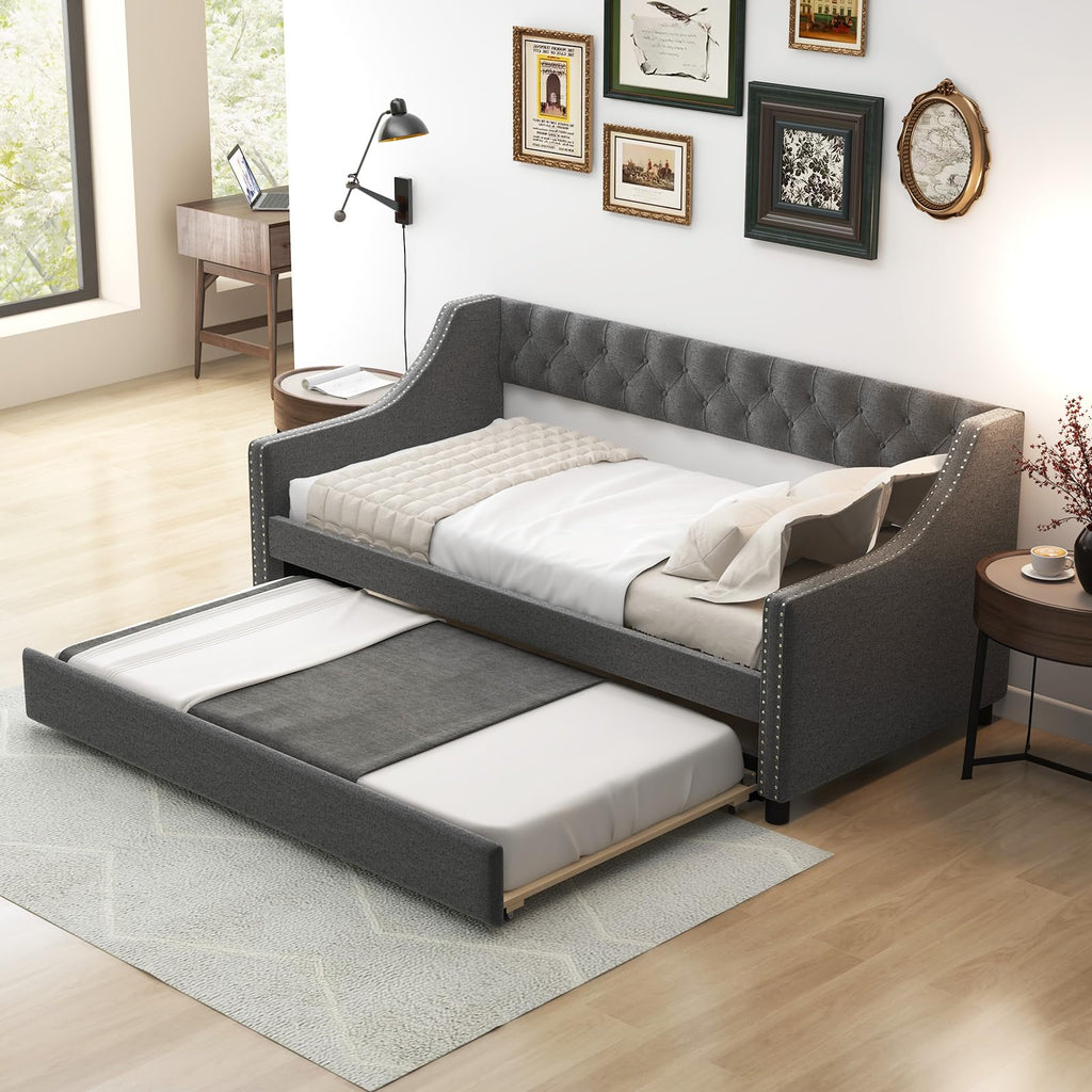 Grey Upholstered Twin Daybed with Trundle L904