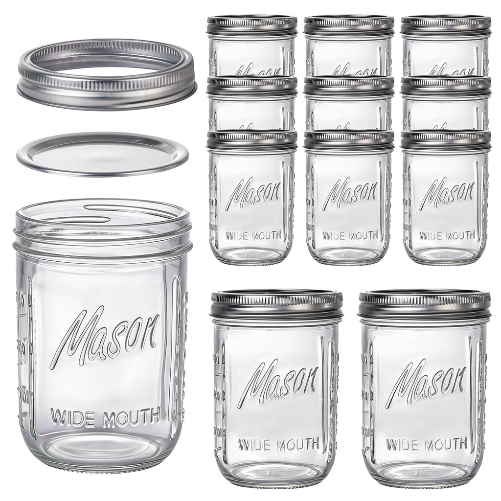 12 Pack 16 oz Wide Mouth Glass Mason Jars with Lids B66540