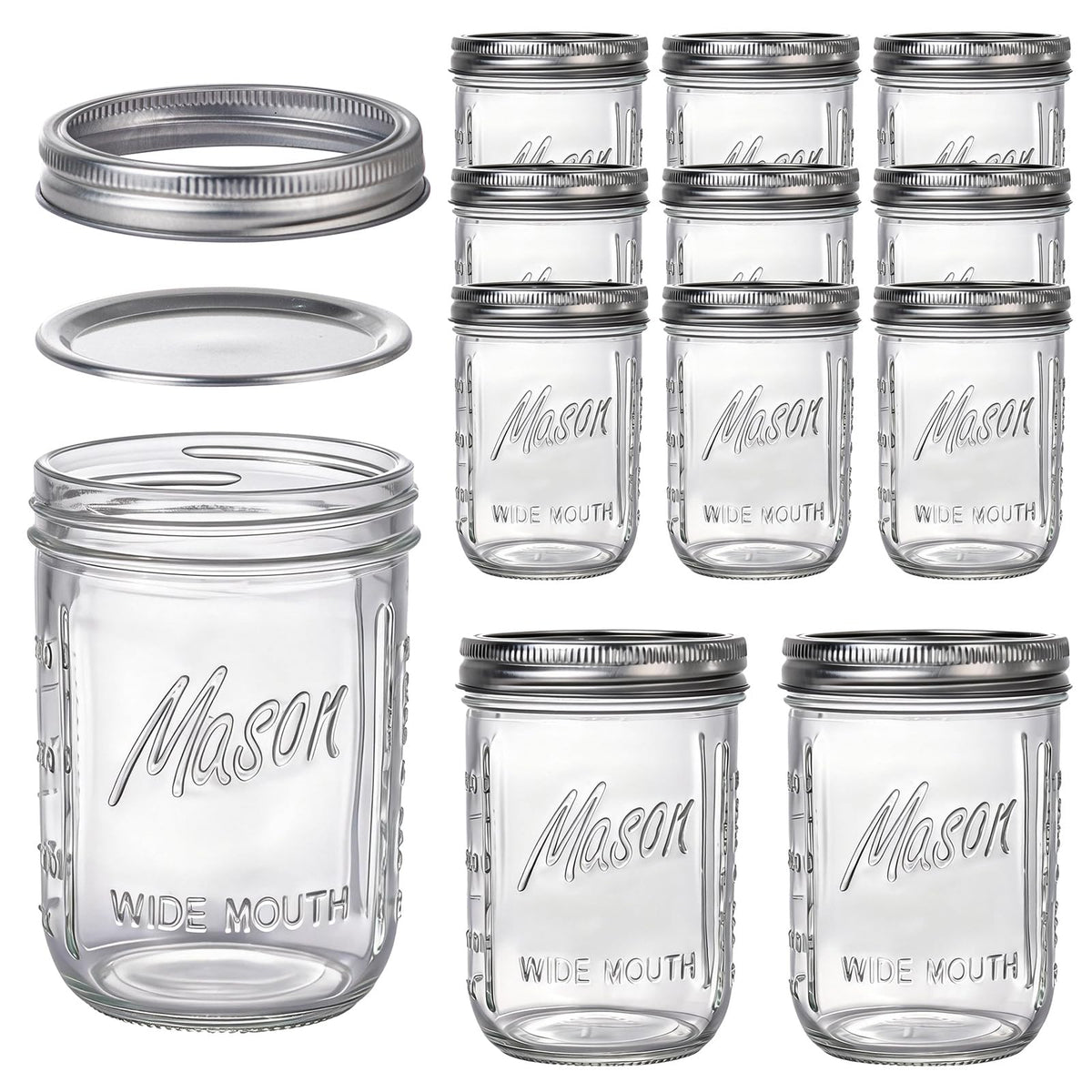 12 Pack 16 oz Wide Mouth Glass Mason Jars with Lids B66540