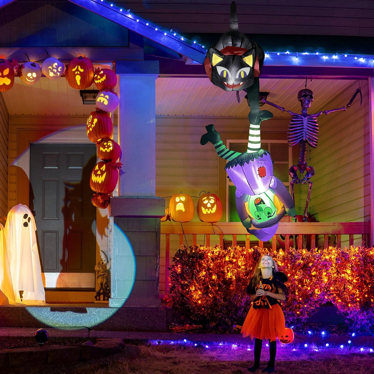 8FT Inflatable Witch Cat Halloween Outdoor Decorations T4629