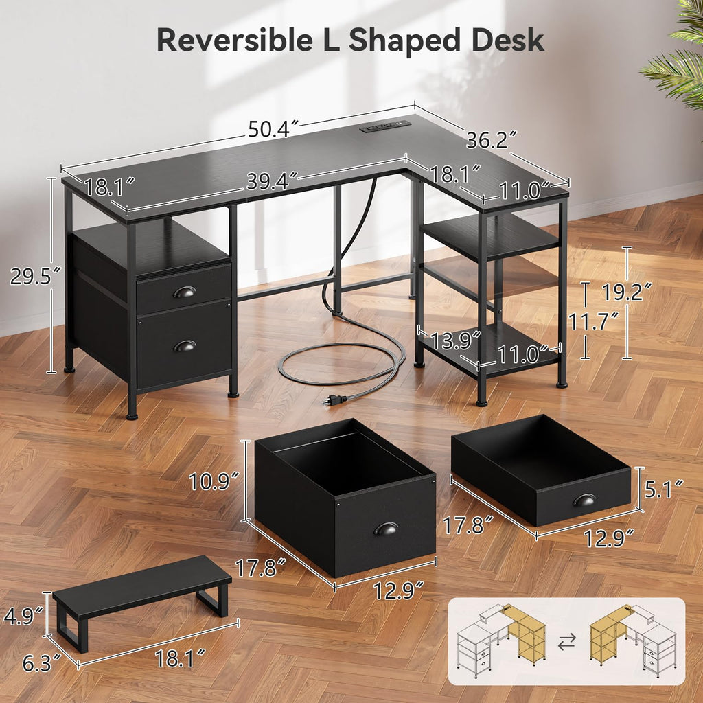 50 Inch L Shaped Gaming Desk with Power Outlet and Drawers H5251