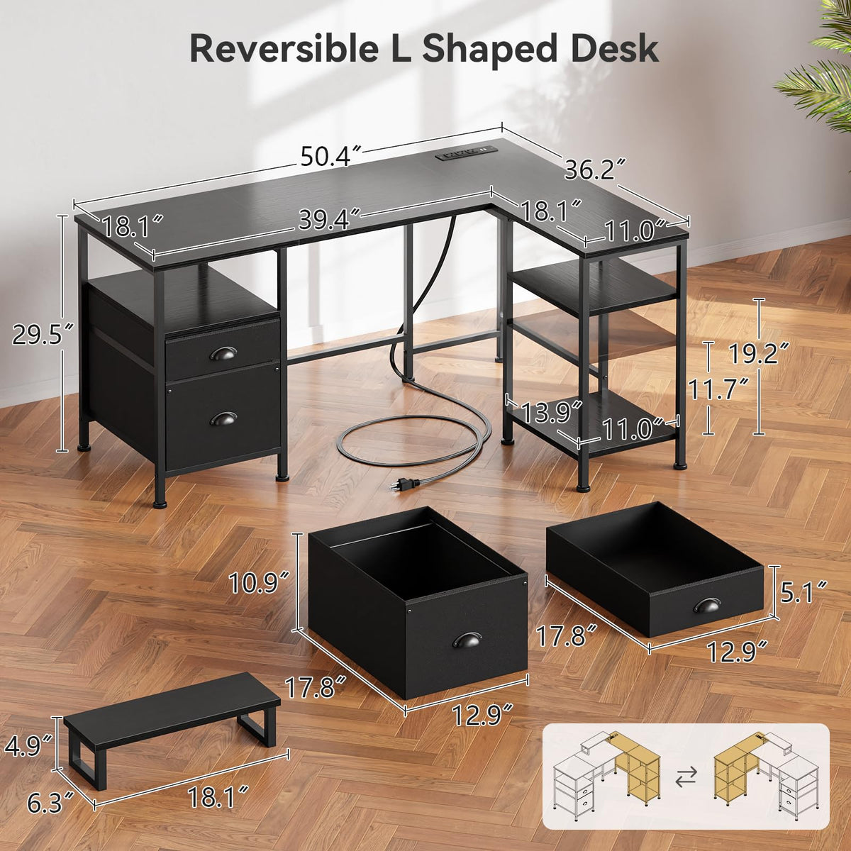 50 Inch L Shaped Gaming Desk with Power Outlet and Drawers H5251