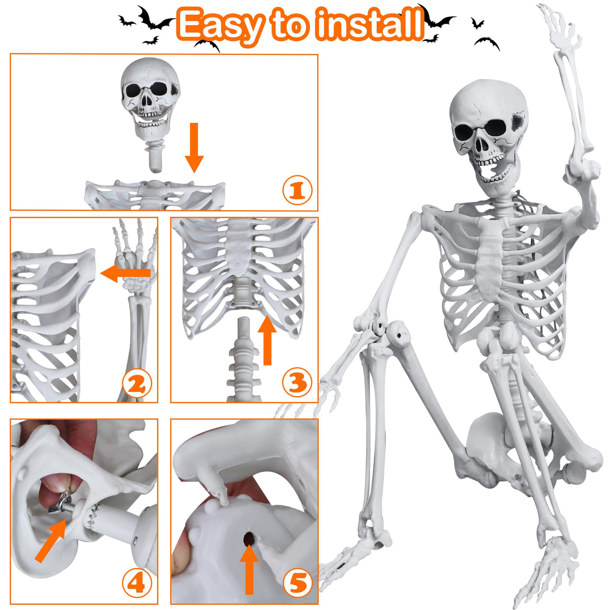 5.4ft/165cm Halloween Skeleton with Crows Movable Joints N84293