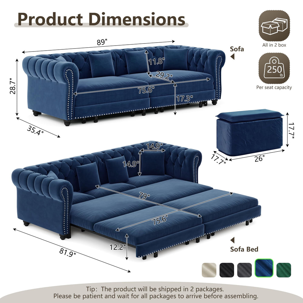 Blue Velvet Pull Out Sleeper Sofa Bed B6941