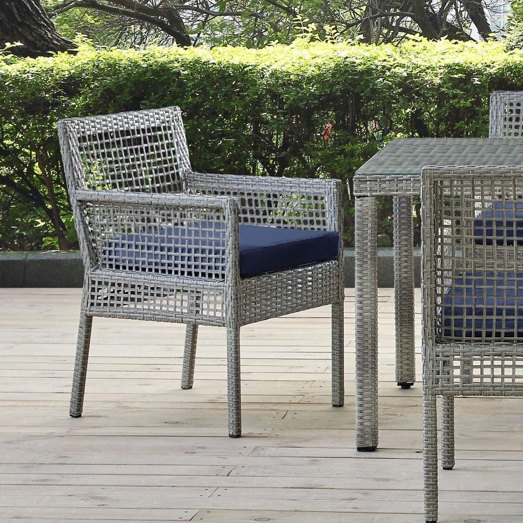 Gray Navy Wicker Rattan Outdoor Dining Arm Chair with Cushion D1537