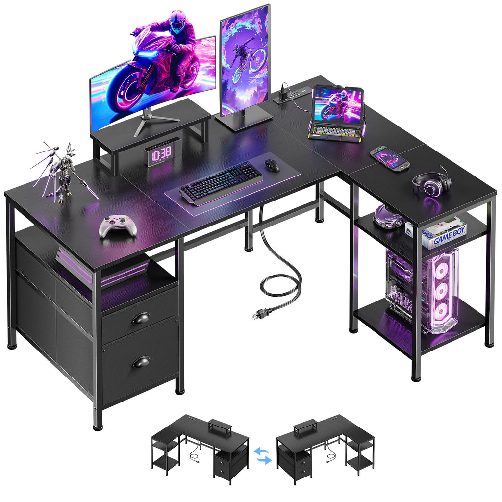 50 Inch L Shaped Gaming Desk with Power Outlet and Drawers H5251