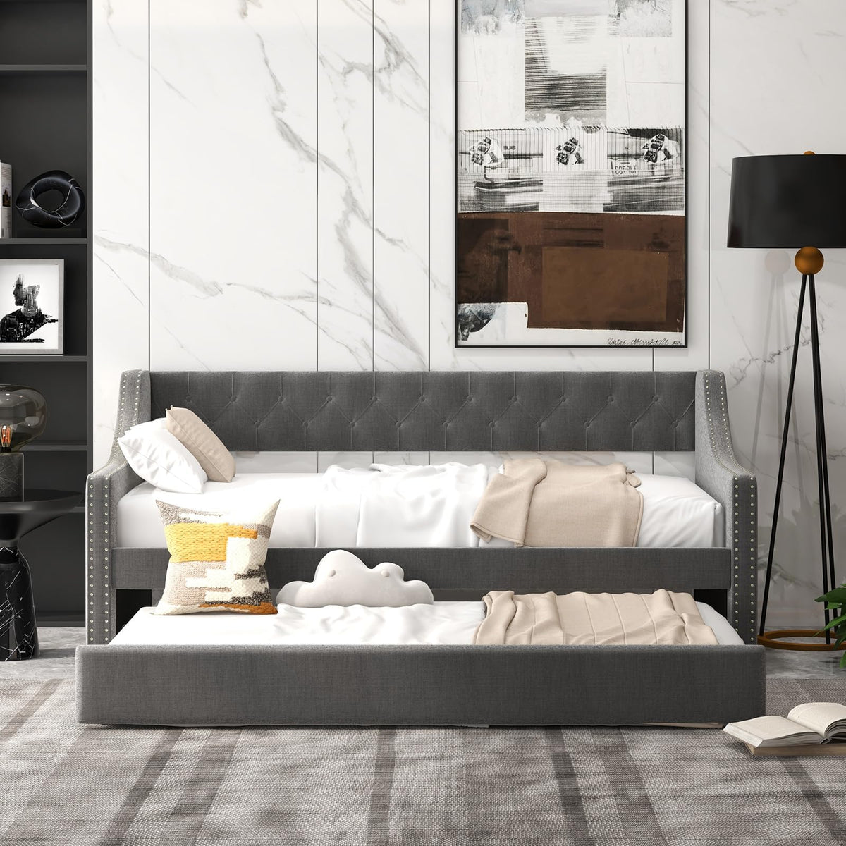 Grey Upholstered Twin Daybed with Trundle L904
