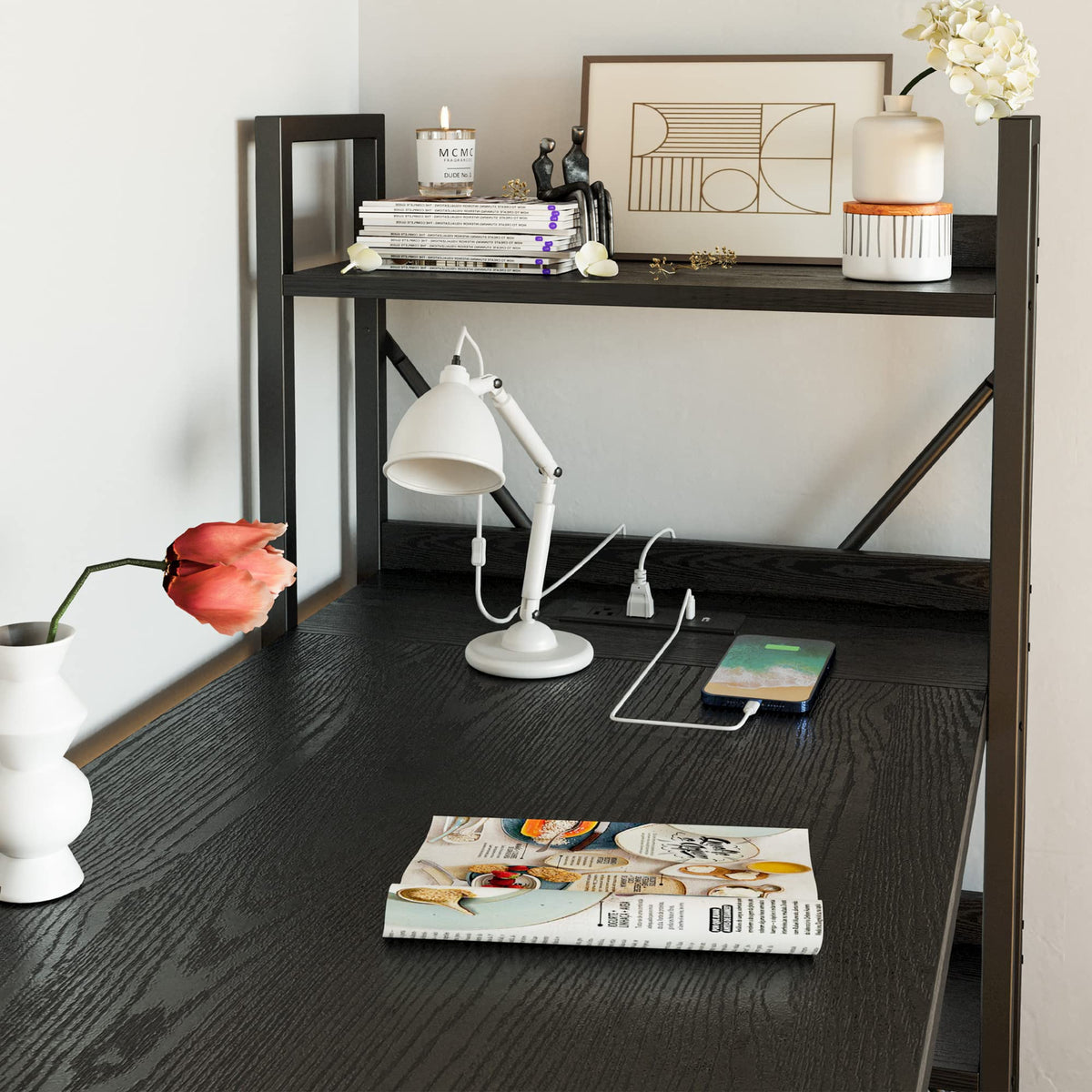 Black Computer Desk with Power Outlet and Storage Shelves Z603