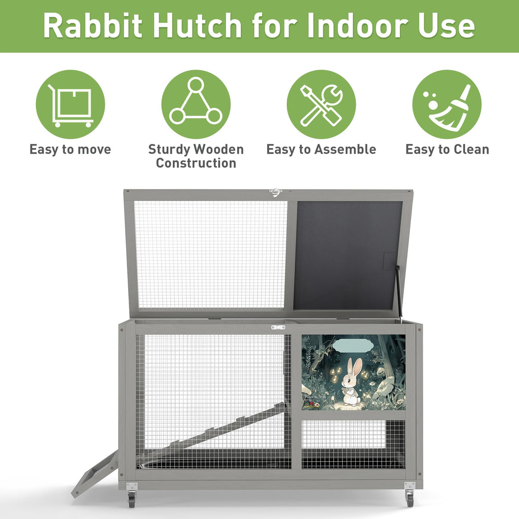 36.5" Two-Level Wooden Rabbit Hutch with Casters & Ramp S238